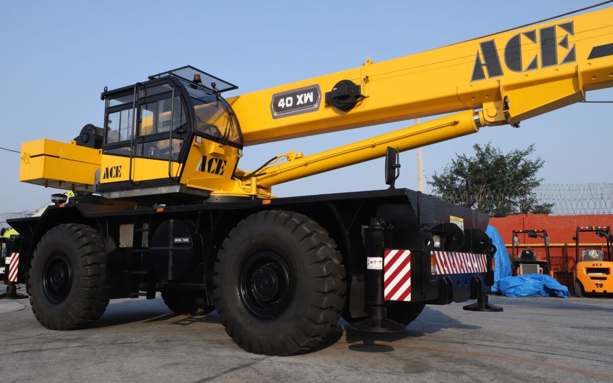 ACE 40 XW crane displayed at a construction site in Faridabad, Haryana, India.