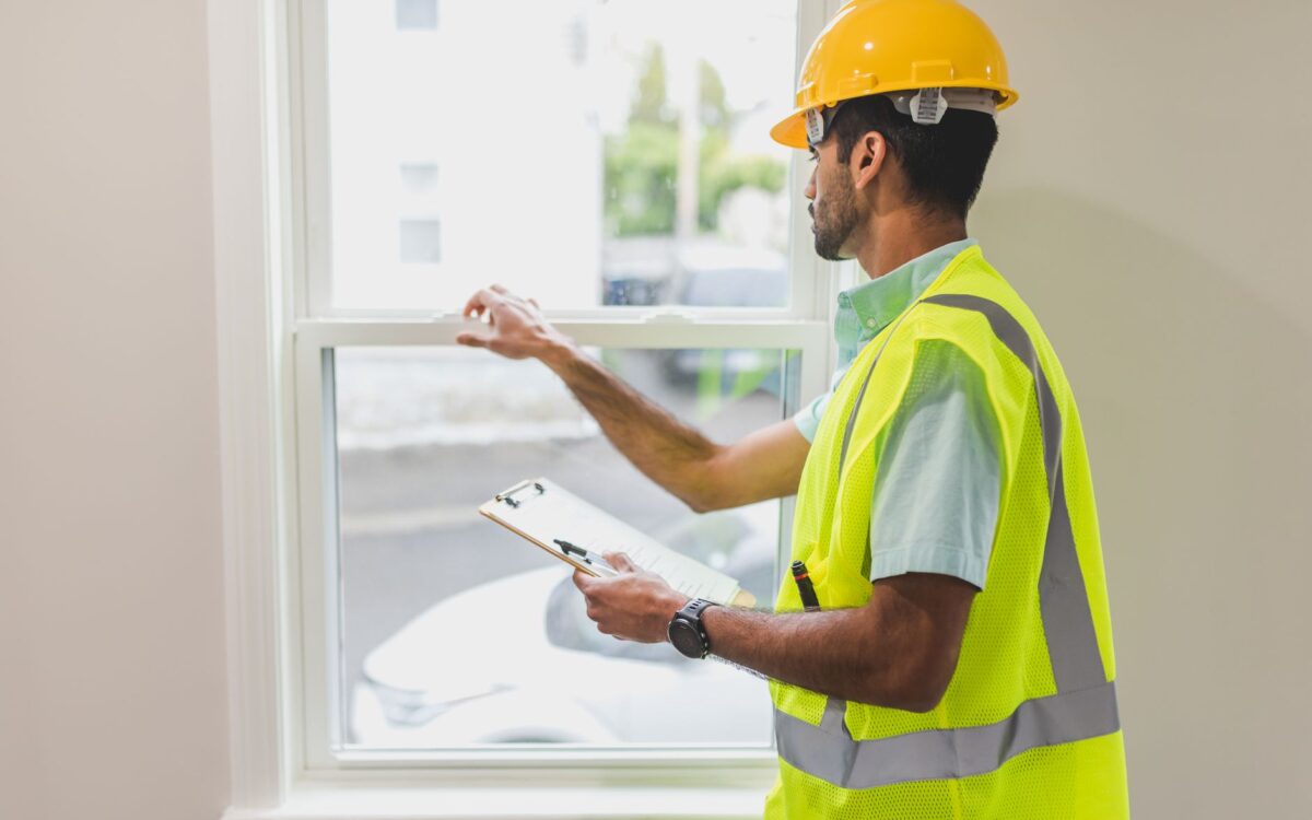 A construction worker in a safety vest and hard hat inspects a window indoors, holding a clipboard.