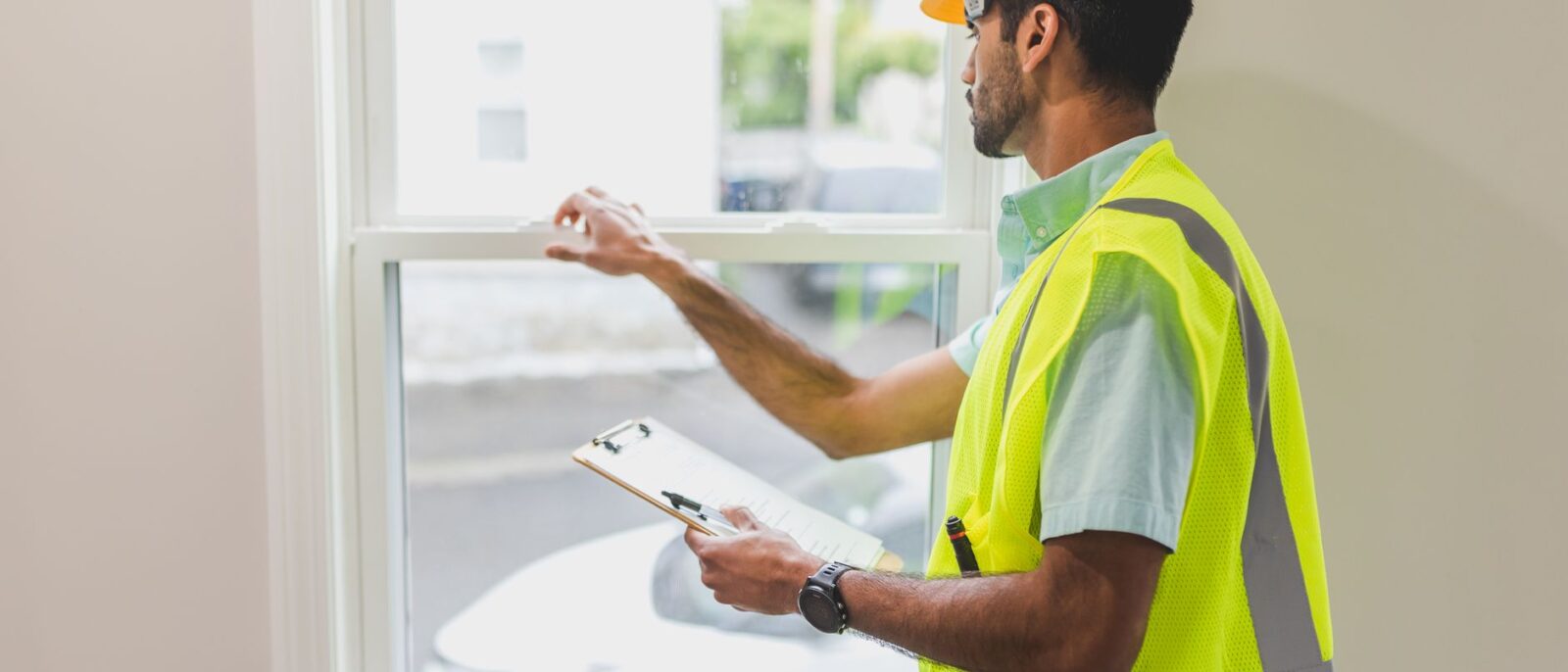 A construction worker in a safety vest and hard hat inspects a window indoors, holding a clipboard.