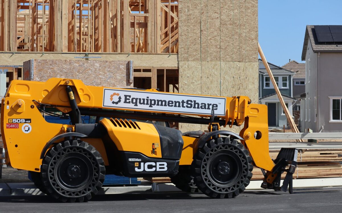 JCB forklift at a construction site in Elk Grove, California. Suburban housing development progress.